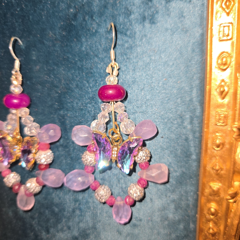 **SOLD ARTISAN Elegant Ruby, Rose De France, Purple Spinel Butterfly Earrings - Picture 5 of 6